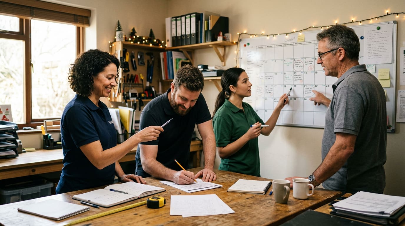Service business team planning holiday marketing campaigns with a seasonal calendar