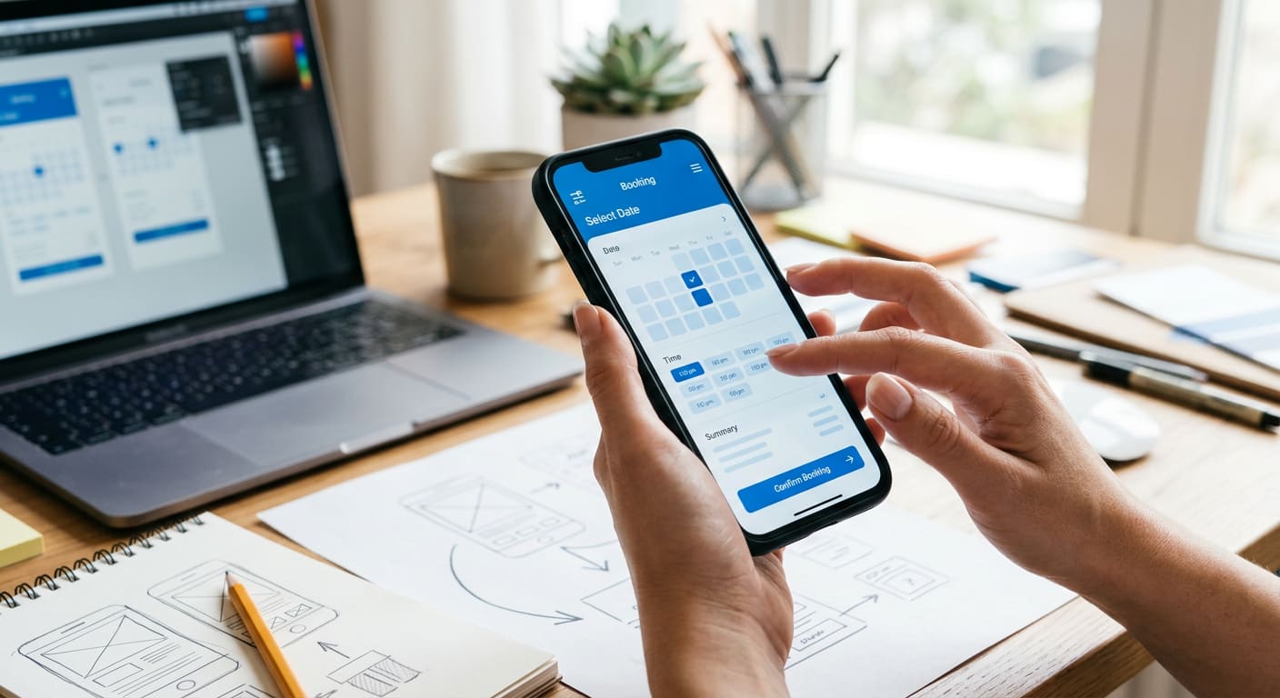 Hands using a booking app on a smartphone over app wireframe sketches and a laptop during mobile app development