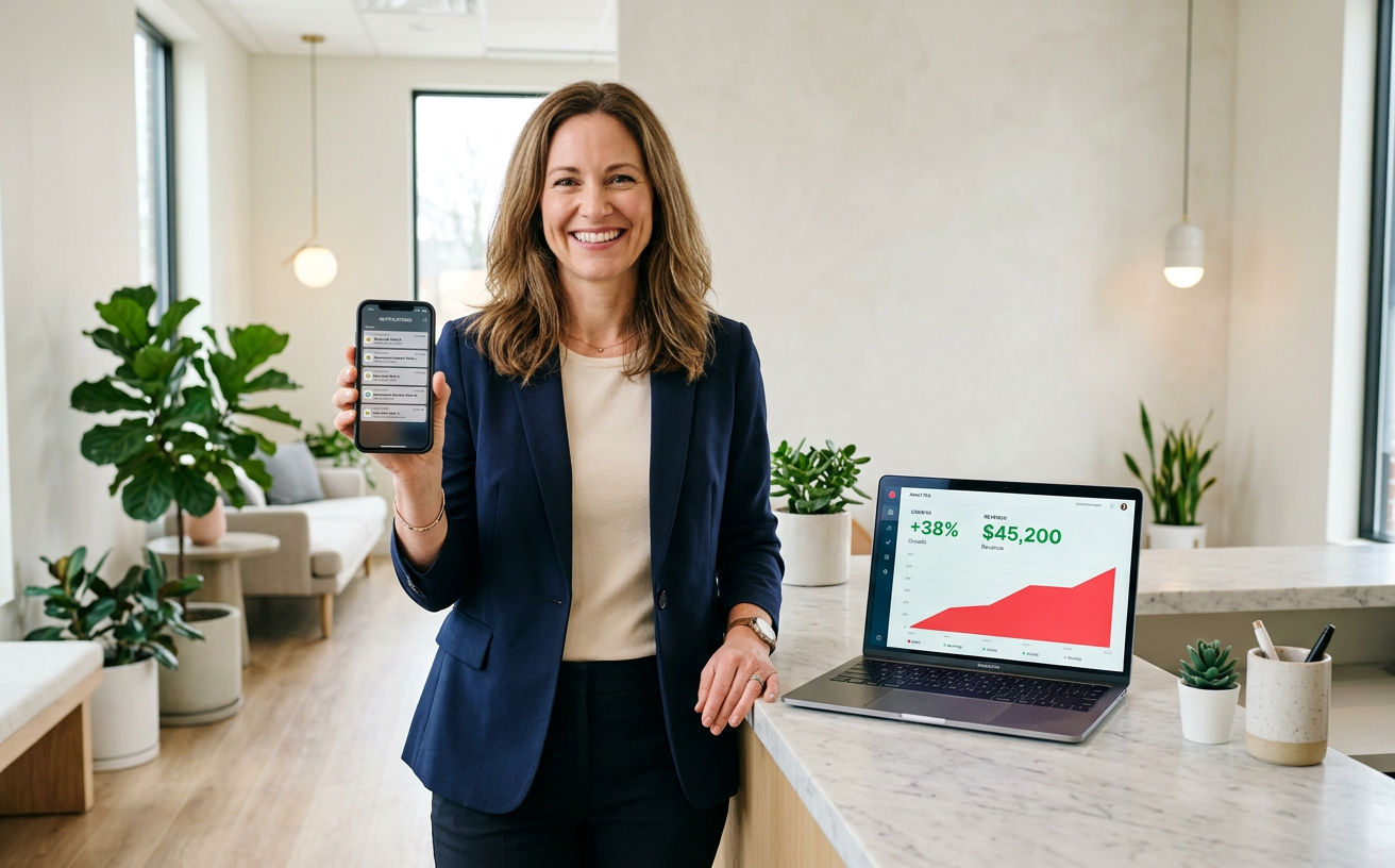 Smiling business owner holding a phone full of new lead notifications beside a laptop showing revenue growing 38%
