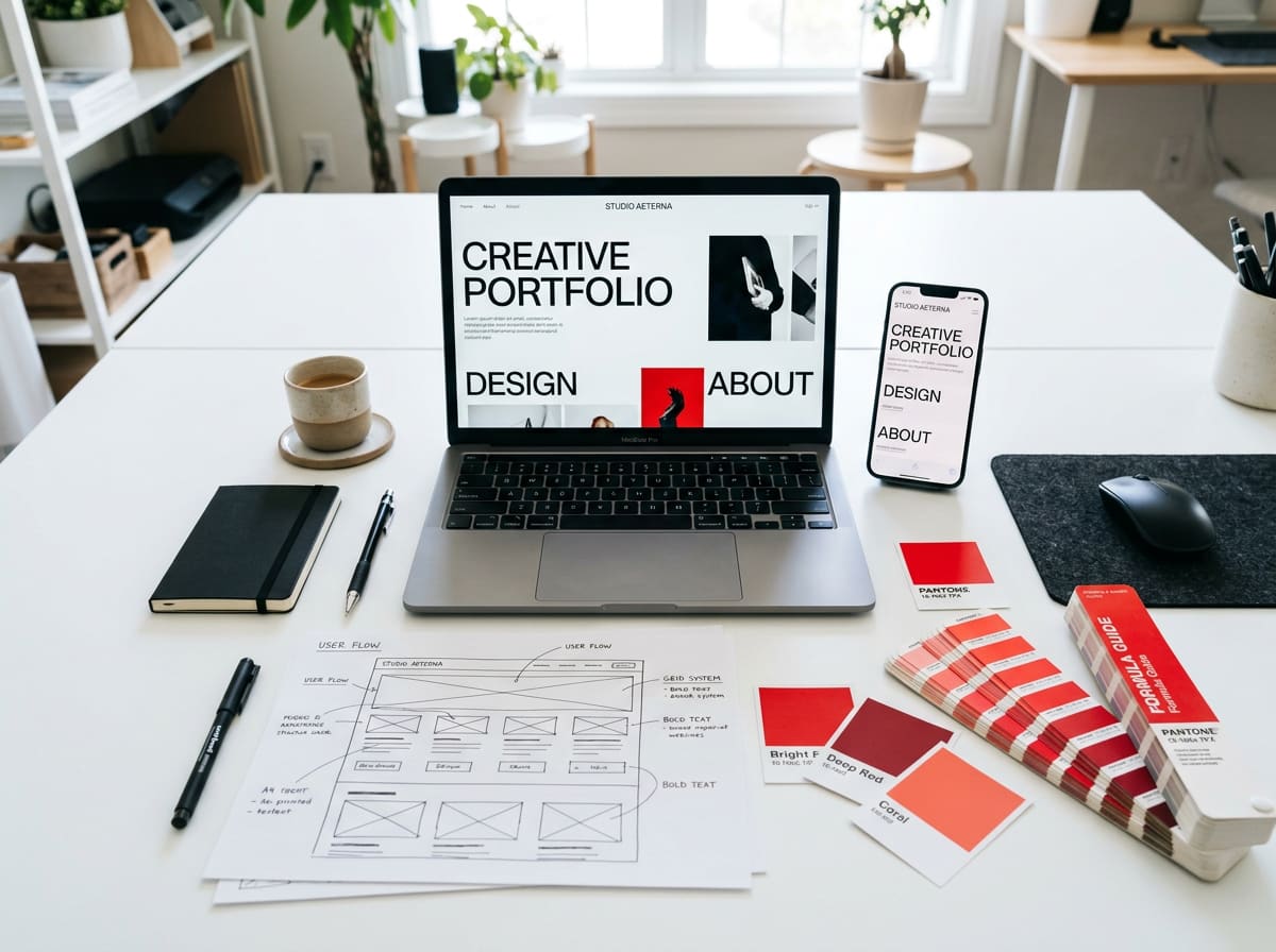 Laptop and smartphone showing a responsive website design, with wireframe sketches and brand color swatches